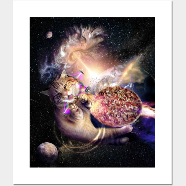 Galaxy Space Cat Reaching Pizza With Laser Wall Art by Random Galaxy